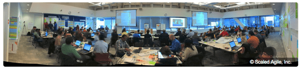 Figure 1. Face-to-face PI planning. Remote teams are planning at the same time using video conferencing.