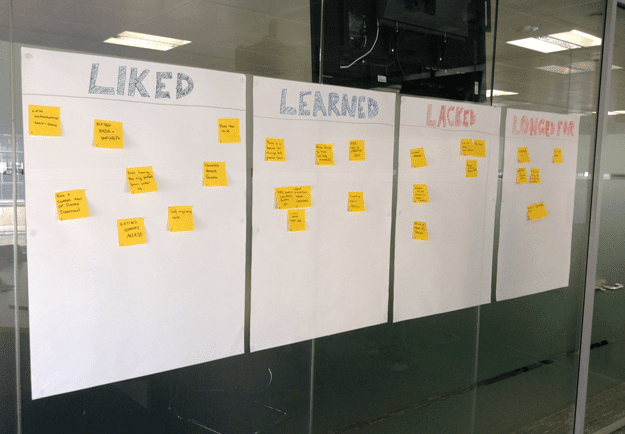 Figure 1. One team’s iteration retrospective results using a simple 4Ls format [1]