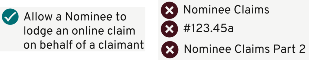 graphic showing two columns. The left column shows an example of a  good feature name. The right column shows examples of incorrect feature names.